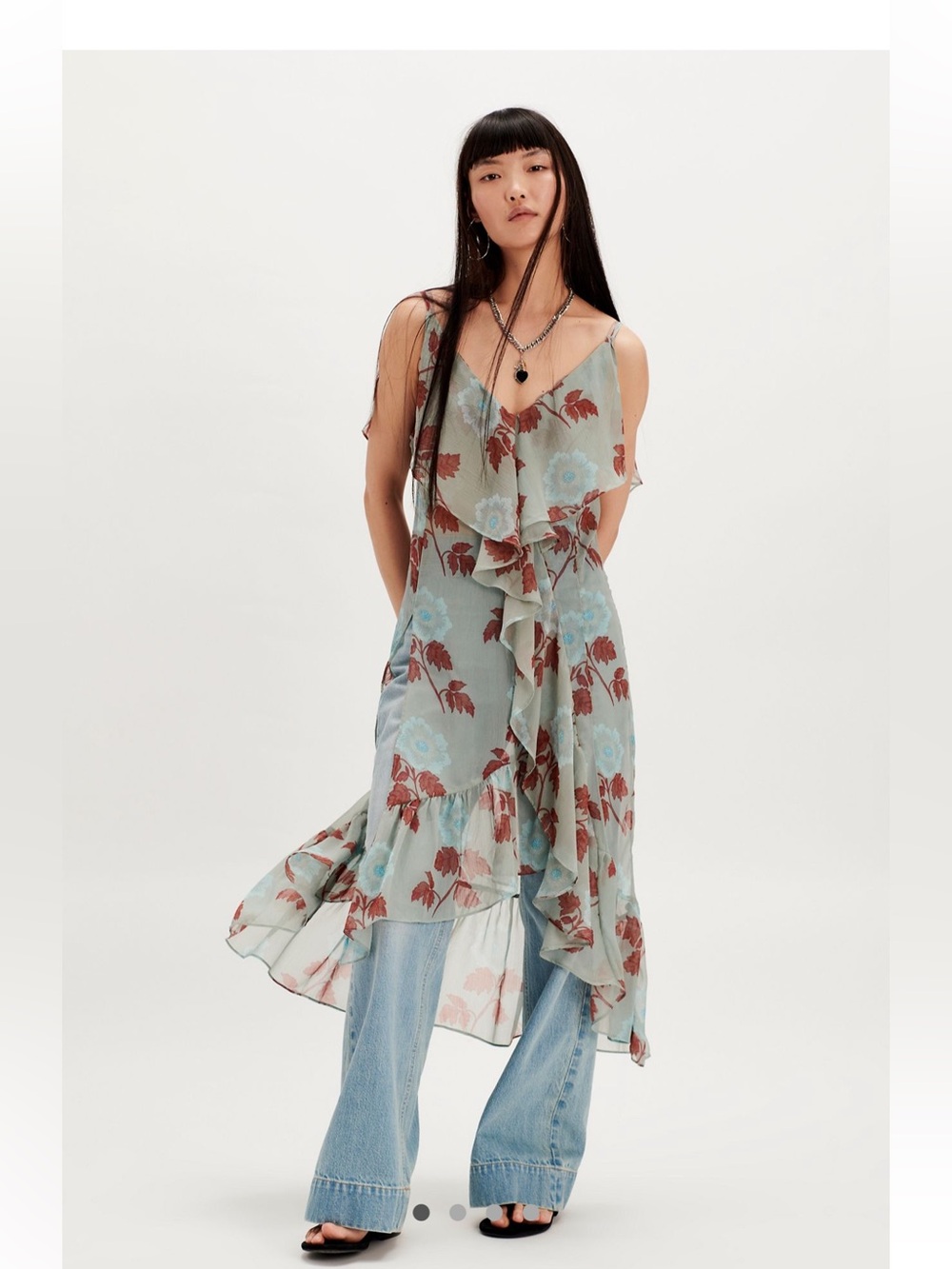 Free People Sage Brown Combo Slip Maxi Top Dress with Rust Floral Print XL